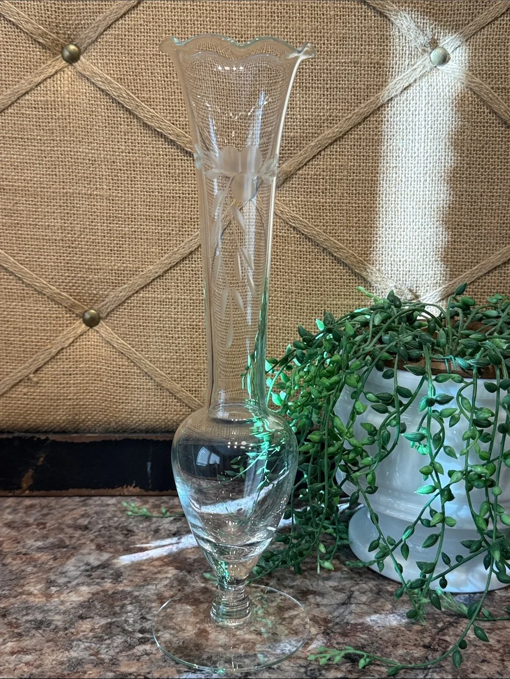 Clear Etched Glass Bud Vase -